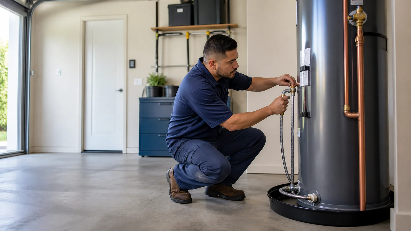Plumbing technician installing a residential water heater in a clean Houston utility space